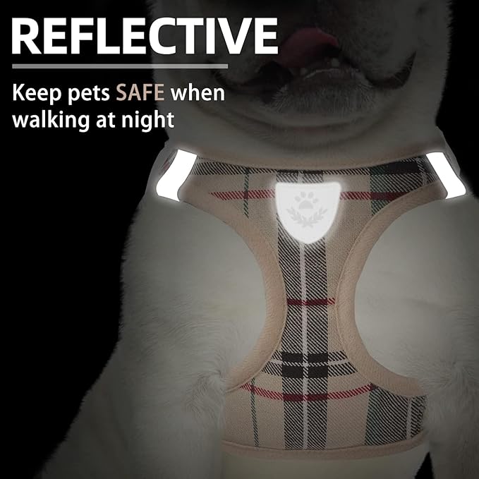 PUPTECK Adjustable Dog Harness Collar and Leash Set Step in No Pull Pet Harness for Small Medium Dogs Puppy and Cats Outdoor Walking Running, Soft Mesh Padded Reflective Vest Harnesses, Beige XS