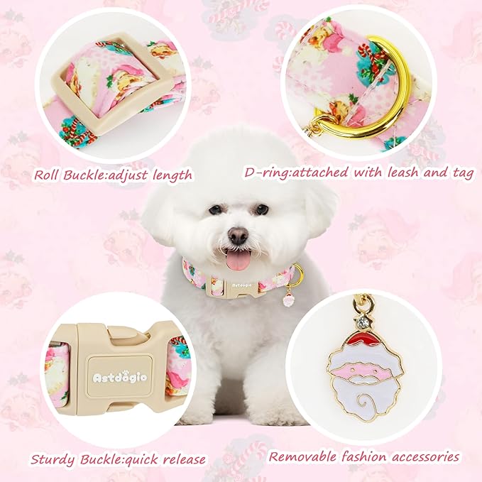 Christmas Dog Collar for Medium Dogs, Adjustable Poly-Cotton Fabric Collar with Santa Pattern, Cute Pink Dog Collar for Dogs, Medium Dog Collars Girls Dog Collars