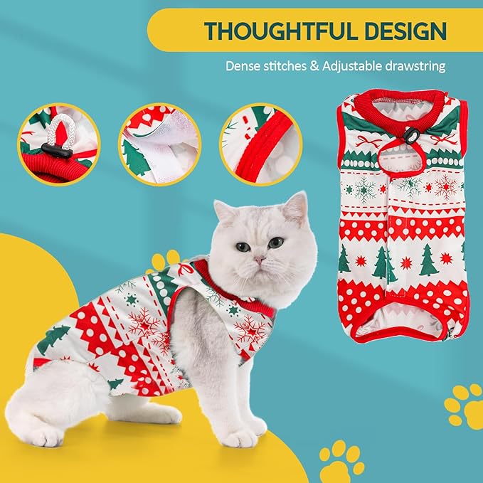 Avont Cat Recovery Suit - Kitten Onesie for Cats After Surgery, Cone of Shame Alternative Surgical Spay Suit for Female Cat, Post-Surgery or Skin Diseases Protection -Christmas(M+)