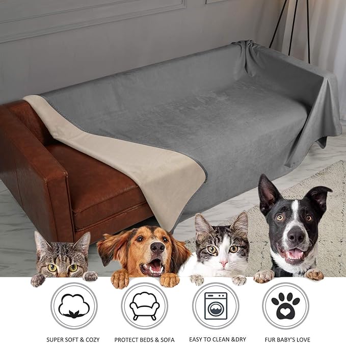 Ameritex Pet Bed Blanket Reversible 100% Waterproof Velvet Super Soft for Sofa and Bed (82x102 Inches, Light Grey+Beige)