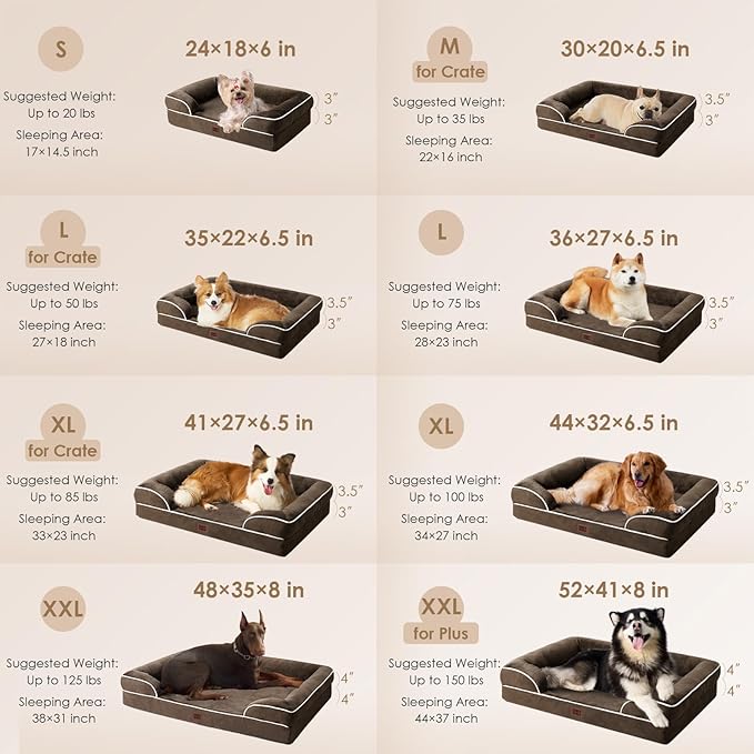 EHEYCIGA Orthopedic XL Dog Beds, Waterproof Memory Foam Dog Bed for Extra Large Dogs, Non-Slip Bottom and Egg-Crate Foam Big Pet Couch Bed with Washable Removable Cover, Brown