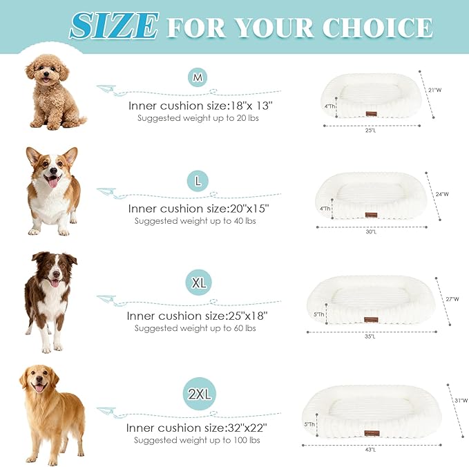 Cute Washable Dog Bed for Small Medium Dogs, Orthopedic Plush Rectangle Anti-Anxiety Dog Bed, Medium Calming Bolster Puppy Bed with Durable Removable Zipper Cover&Anti-Silp Bottom, 30in, Cream
