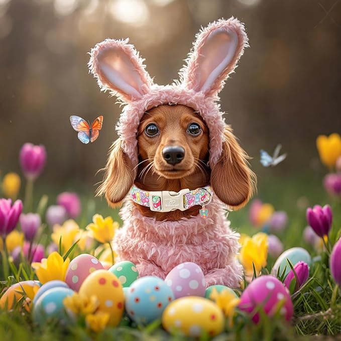 Easter Dog Collar for Large Dogs - Colorful Bunny Print Easter Collar for Male Female Dogs, Lightweight Adjustable Spring Holiaday Dog Collars with Quick Release Buckle L