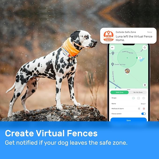 Dog GPS Tracker, Smart Waterproof Tracker with Real-Time Location, Escape Alerts, Activity Monitor, iOS & Android Compatible, for Dogs 40 lbs+ (White)