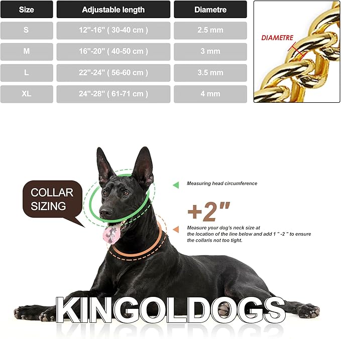Stainless Steel 18K Gold Dog Chain Collar - Adjustable, Chew Proof, Double Row Cuban Link for Large, Small, Medium Dogs