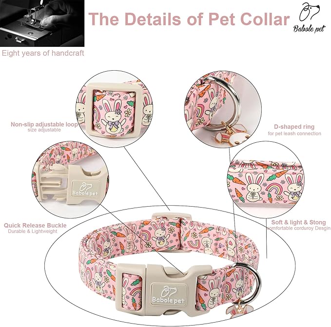 Easter Dog Collar for Large Dogs - Pink Girly Bunny Dog Collars, Cute Girl Dogs Easter Collar, Adjustable Female Spring Holiday Pet Collars with Quick Release Buckle XL