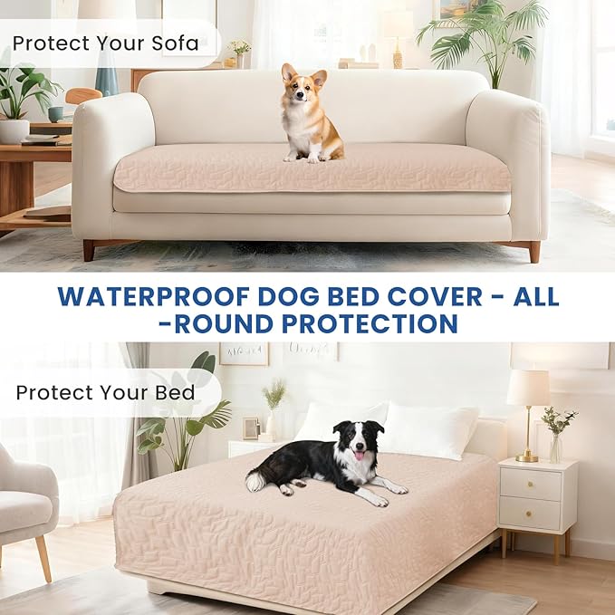 Waterproof Dog Blanket, Non-Slip Soft Pet Bed Cover, Couch Cover for Dogs Washable, Protects Sofa, Furniture, Crate, Car, Tear Resistant Leakproof Pet Blanket (82x82 Inch, Beige)