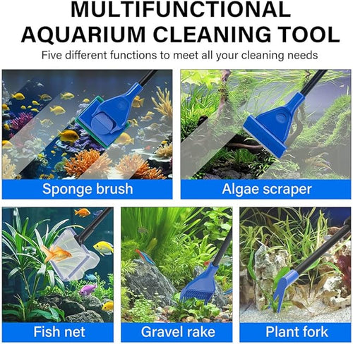 5 in 1 Fish Tank Cleaner Kit Aquarium Cleaning Tools with 22~32 Inch Extendable Non-Slip Handle Fish Tank Cleaner with Algae Scraper and Fish Net