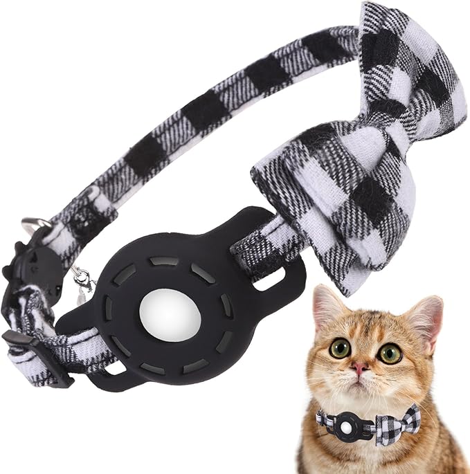 Airtag Cat Collar Breakaway, Cat Collar with Airtag Holder with Bells and Bowtie for Girl Boy Cats, Lightweight Adjustable Kitten Plaid Collars GPS Tracker Holder for Small Dogs Pets, Black