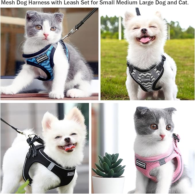 BOOMIBOO Dog Harness with Leash Set, No Pull Adjustable Reflective Step-in Puppy Pet Vest Harnesses for Small Medium Large Dogs and Cats,White Stripe L