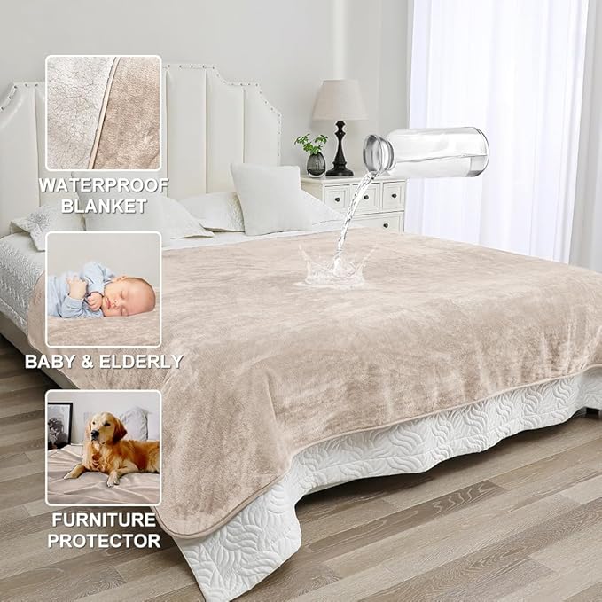 Waterproof Blanket for Pets – Ideal for Couch & Bed Splash Proof Sherpa Throw, Leakproof TPU Layer, Stain Resistant Washable Bed Protector – Khaki, 60"x40"