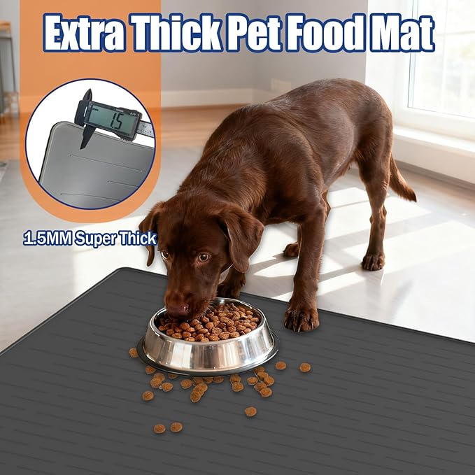 48"x32" Extra Large Pet Food Mat, 1.5MM Super Thick Silicone Dog Mats for Food and Water, XXXL Nonslip Pet Feeding Mats for Floors,Dog Cat Bowl Mat with Raised Edges, Dark Gray