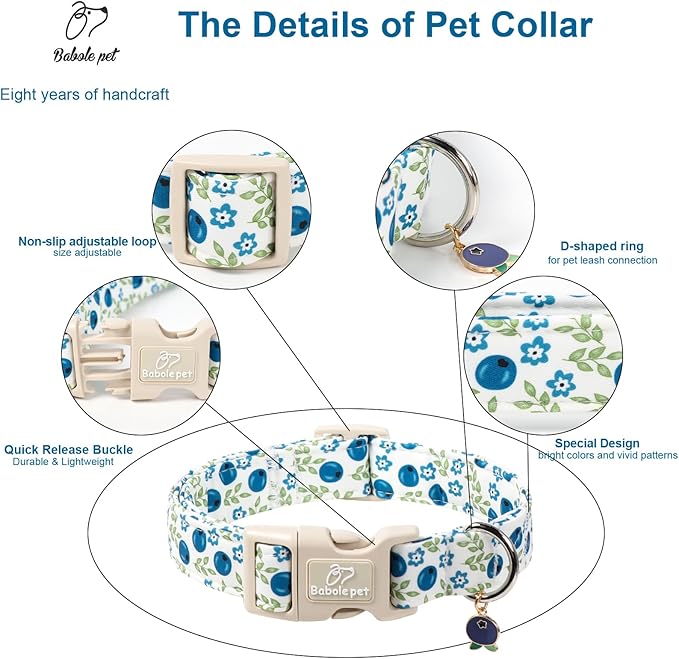 Spring/Summer Dog Collar for Small Dogs - Fresh Blueberry Girl Boy Dog Collars, Soft Lightweight Puppy Collar, Breathable Adjustable Male Female Fruit Floral Dogs Collars S
