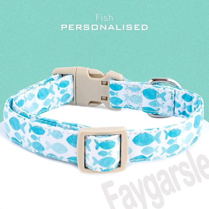 Faygarsle Fish Pattern Dog Collar, Adjustable with Buckle, Blue and White, Summer Design for Small Medium Large Dogs S