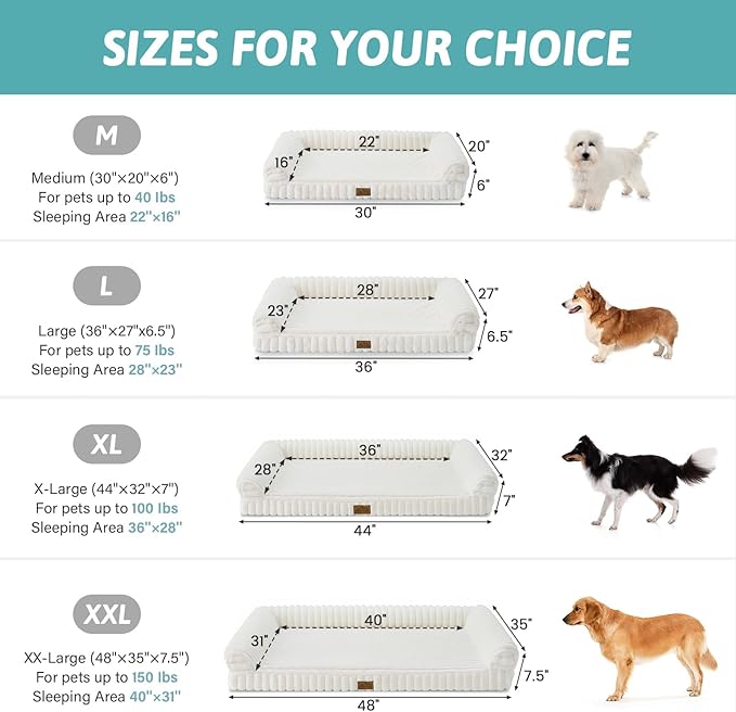 Cute Dog Bed for Large Dogs, Faux Rabbit Fur Orthopedic Foam Dog Bed with Sides, Removable Washable Cover & Waterproof Lining, Comfortable Pet Couch, Cream (44" L x 32" W x 7" Th)