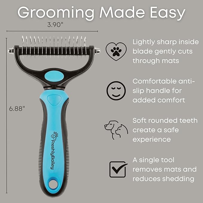 Freshly Bailey Dematting Comb for Cats and Dogs, Mat Remover and Deshedding Grooming Tool, Safe Detangler for Matted Fur, Double Sided Undercoat Rake