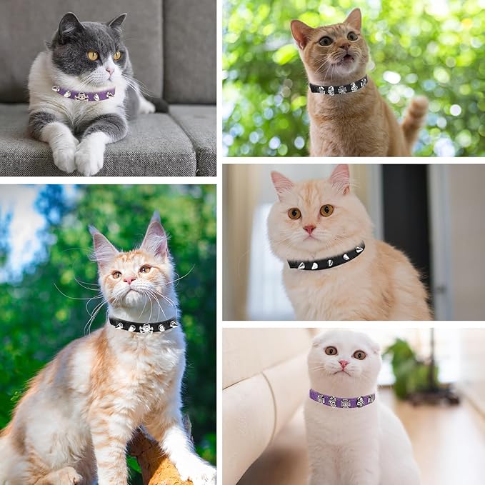 EXPAWLORER Leather Cat Collar for Girl Boy- Adjustable Pet Collar with Safety Elastic Belt,Personalized Punk Accessories Buckle Collars with Bell & Durable D-Ring,Pure Rivets(Black)