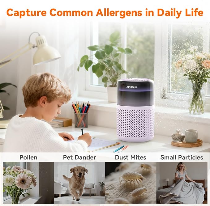 AIRROMI HEPA Air Purifier for Bedroom&Home,Pet Air Purifier for Home Pets,Removes Pet Odor,Cat Litter Smell,Dust,Smoke&Allergies,Quiet Room Air Purifier with Scents,360°Air Cleaner,A2005 Purple