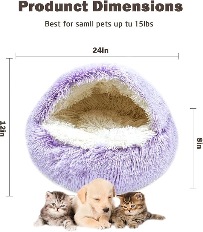Cat Bed for Indoor Cats, Calming Cozy Cave with Self-Warming Plush, Entire Bed Machine Washable & Anti-Slip Base, Breathable Pet Bed for Small Cats&Dogs All Seasons (Purple, 24 * 24inch)