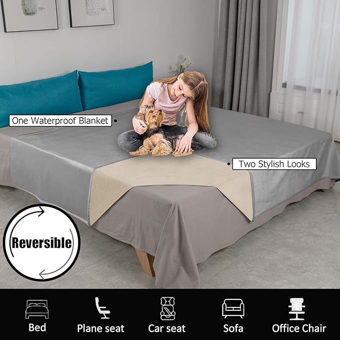 Ameritex Pet Bed Blanket Reversible 100% Waterproof Velvet Super Soft for Sofa and Bed (82x82 Inches, Light Grey+Beige)