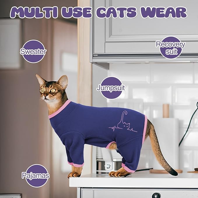 Cat Pajamas for Cats Only, Sticky Hair Cat Clothes, Sphynx Hairless Cats Sweater, Recovery Suit After Surgery, Prevent Lost Hair Kitten Onesie Shirts Costumes Outfits for Pet