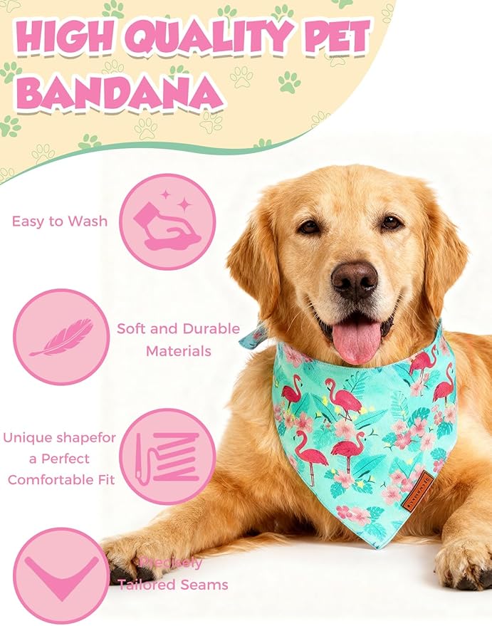Luxury Double-Layer Dog Birthday Bandana – Handmade, Silk-Soft Polyester for All Dog Sizes | Birthday & Party Outfit | Gift-Ready Pet Accessory(Blue Flamingo, Large)