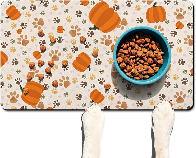 Fall Pumpkin Dog Food & Water Mat, Paw Prints Autumn Pet Feeding Mat for Floor Non-Slip Waterproof, Super Absorbent Cat Bowl Mat, Easy to Clean Eco-Friendly Durable Pet Placemat,17" × 30"