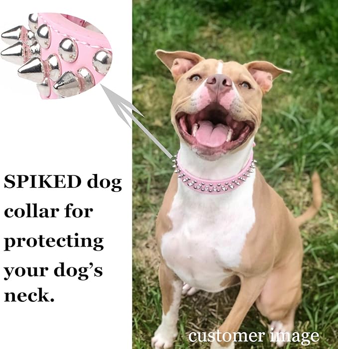 TEEMERRYCA Adjustable Leather Spiked Studded Dog Collars with a Squeak Ball Gift for Small Medium Large Pets Like Cats/Pit Bull/Bulldog/Pugs/Husky, Pink, XXL 19.7-22.4 inches