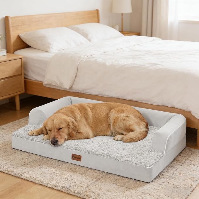 Orthopedic Dog Beds for Large Sized Dogs, Waterproof Egg Crate Foam Medium Dog Couch Beds for Crate 35x22Inch, Washable Pet Beds with Removable Cover and Nonskid Bottom, Grey White