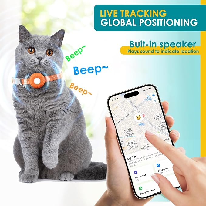 Cat Tracker, GPS Tracker for Cats, No Monthly Fee Pet Tracker for Cats Compatible with Apple Find My App (Only iOS), Real-Time Tracking, Smart Alerts, Up to 1-Year Battery, Waterproof