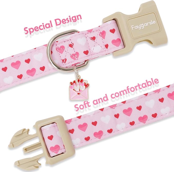 Faygarsle Valentine's Day Dog Collar, Pink with Red and White Hearts Pattern, Adjustable with Quick-Release Buckle and Heart Charm L