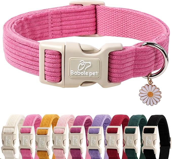 Cute Corduroy Dog Collar - Deep Rose Adjustable Dog Collars for Medium Dogs 25-50lbs, Fade-Proof with Secure Snap & Little Charm, Christmas Birthday Gift, M