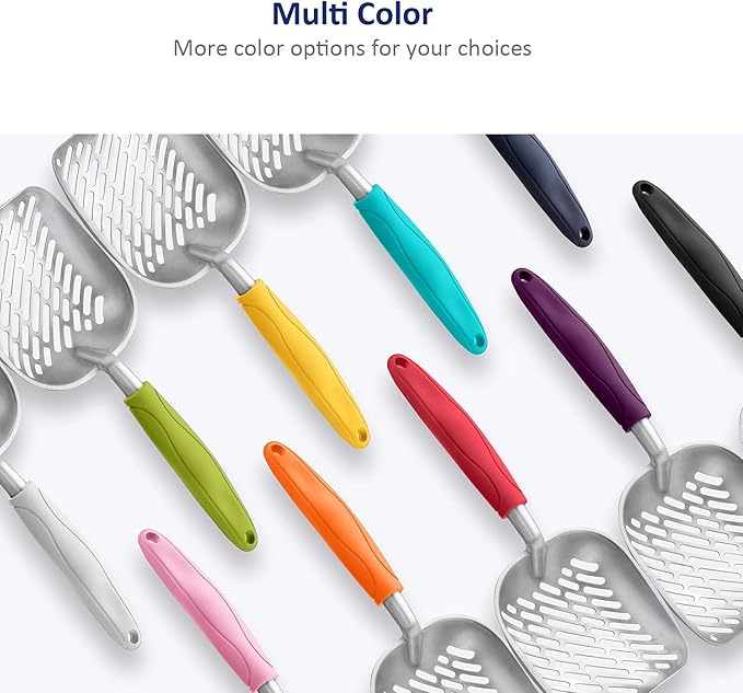 WePet Cat Litter Scoop, Aluminum Alloy Sifter, Kitty Metal Scooper, Deep Shovel with Diagonal Sifting Hole, Long Handle, Kitten Poop Lifter for Litter Box, Large Size, Pink Handle
