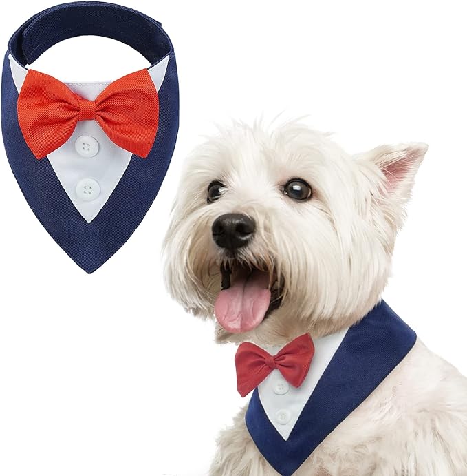 FUAMEY Dog Tuxedo for Small Dogs,Dog Formal Suit Dogs Attire Pet Bow Tie Puppy Party Costumes Cat Tux Outfits Pets Bandana Cosplay Adjustable Bowties Wedding Birthday Valentines Blue S
