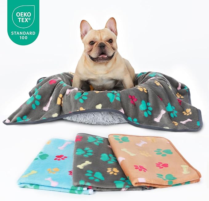 Luciphia 1 Pack 3 Blankets Fluffy Premium Fleece Pet Blanket Flannel Paw Printed Throw for Dog Cat(Large 41x31'', Grey/Brown/Blue)