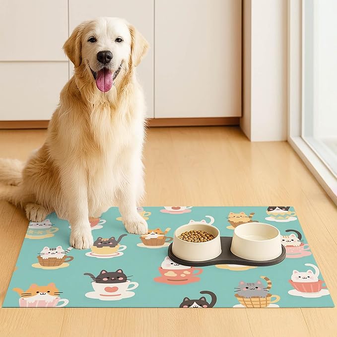 Cat Feeding Mat 24x16 inch Teacup Kitten Print Pet Bowl Placemat Non Slip Floor Mat for Food and Water Indoor Kitty Feeding Station Cute Meal Pad for Small Pets Kitchen Use
