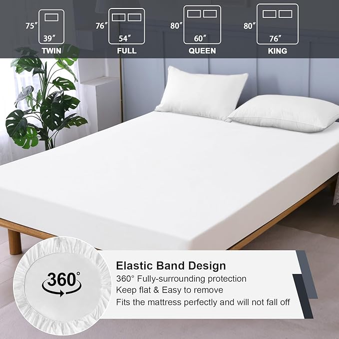 Waterproof Mattress Protector Full, Fitted Sheet Style Breathable Mattress Cover with Deep Pocket Fits Up to 18'', Noiseless Bed Cover for Kids Adults Pets, Machine Washable (White, 54'' X 76'')