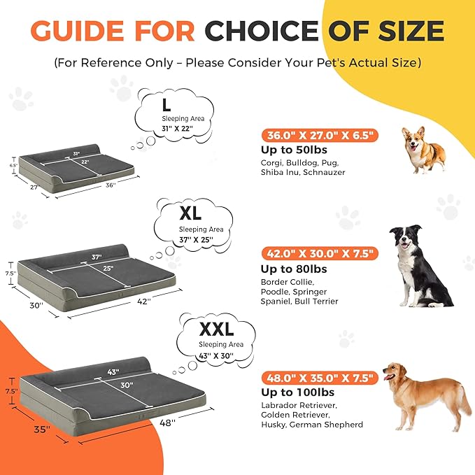 Dog Bed Large Sized Dogs, XL Orthopedic Dog Bed for Large Dogs 42"x30"x7.5", Waterproof Pet Bed with Washable Removable Cover, L-Shaped Pet Couch with Portable Handle, Olive Green