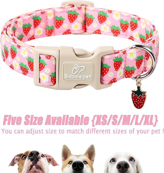 Cute Spring/Summer Dog Collar, Adjustable Pink Strawberry Dog Collars for Medium Dogs, Lightweight Quick-Release Buckle Collar for Boy&Girl Dogs M