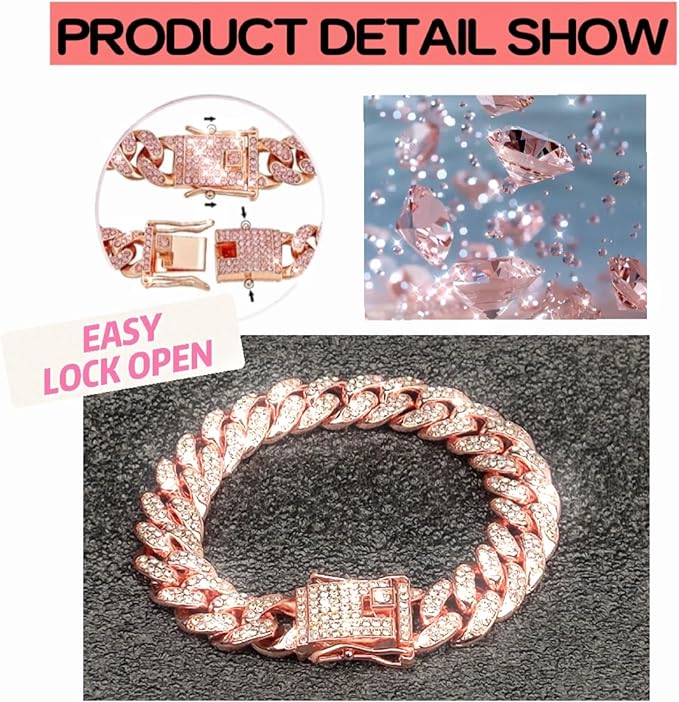 Dog Collar Cuban Link Rose Glod Crystal Dog Necklace Metal Chain Collar with Design Secure Buckle Pet Collar Jewelry Accessories for Small Medium Large Dogs Cats(Rose Glod 16inch)