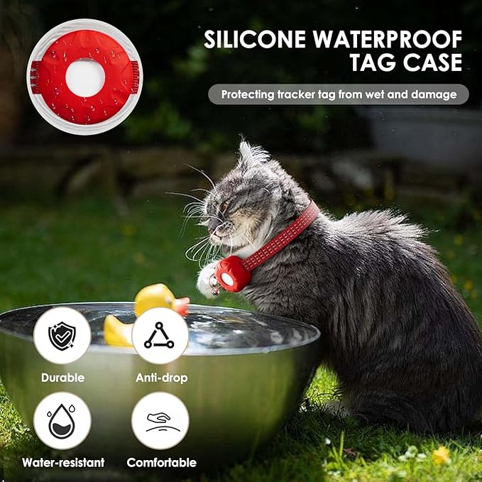 Smart Cat GPS Tracker, Cat Tracker Compatible with Apple Find My App (Only iOS), No Monthly Fee, Waterproof (White Tracker, Red Cat Collar)