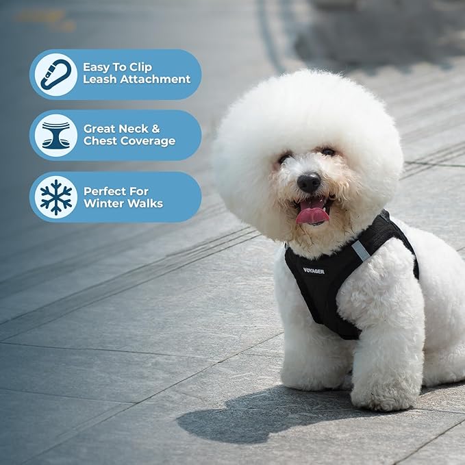 Best Pet Supplies - All Weather Plush, Reflective, No Pull Harness for Small, Medium Dogs, Cats - Secure with Hook & Loop Fastener, Buckle, Double D-Rings - Black Plush, L