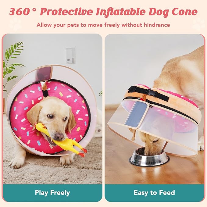 Inflatable Dog Cone with Anti-Licking Clear Shield, Protective Dog Donut Collar After Surgery, Adjustable Soft Recovery Cone for Pets, Alternative Collar with Buckle Strap (Pink, XL)