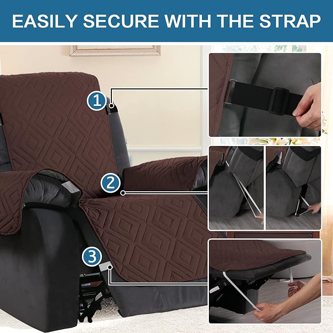 H.VERSAILTEX Reversible Quilted Recliner Covers Water Resistant Furniture Protector for Reclienr Chair with Elastic Straps for Pets Kids Sitting Width Up to 22"(Recliner, Brown/Beige)