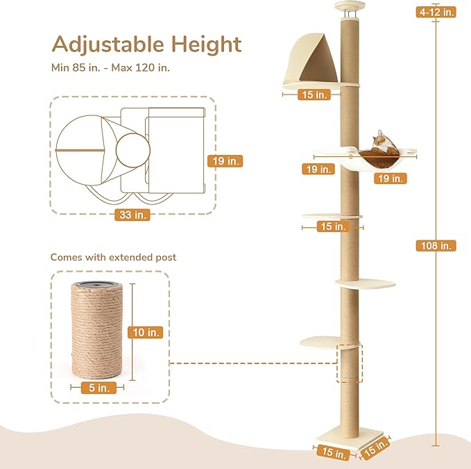 FUKUMARU Floor to Ceiling Cat Tree, 6 Level Adjustable Height (6-10 ft) Climbing Tower with Thickened Scratching Posts, Cats Activity Center with Cozy Hammock - Beige