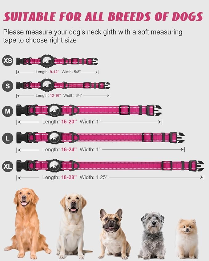 Joytale Airtag Dog Collar, Reflective Pet Collar with Waterproof AirTag Holder, Dual D-Rings, Soft Padded Adjustable for Small Dogs, Hotpink, S