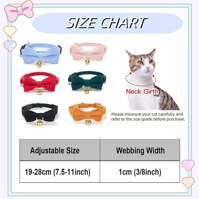 Soft Corduroy Cat Collar with Bell and Bowtie, Safety Breakaway Clasp, Adjustable for Kitten and Cats Orange Color.
