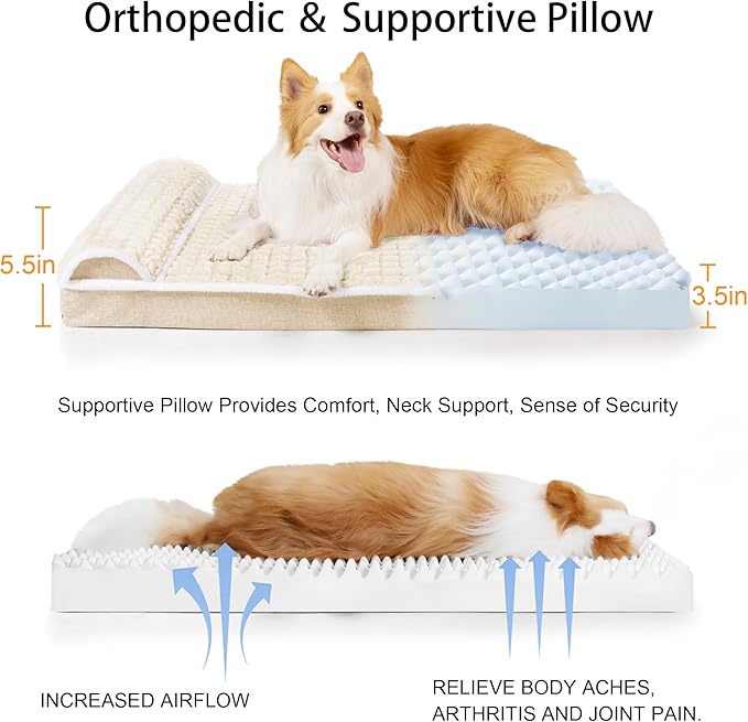 Orthopedic Jumbo Dog Bed Large Sized Dog with Pillow 56''X40'' Waterproof Soft Comfortable Egg Crate Foam Pet Crate Beds Mat with Removable Washable Cover and Non-Slip Bottom, Cream