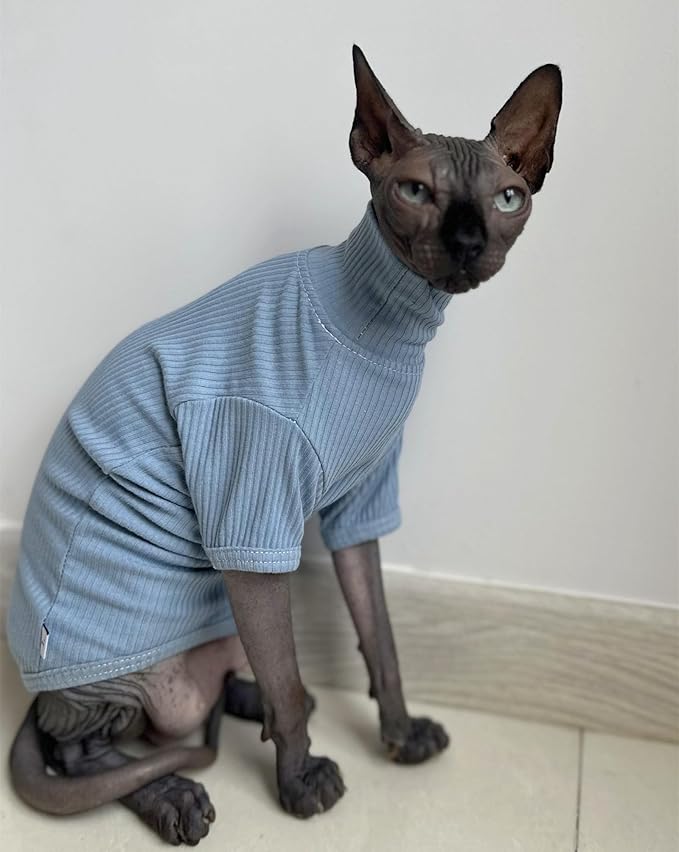 Sphynx Hairless Cats Shirt Cotton Cat Turtleneck Sweater Pullover Kitten T-Shirts with Sleeves Cat Pajamas Jumpsuit for Sphynx Cornish Rex, Devon Rex, Peterbald (X-Large (Pack of 1), Sky Blue)