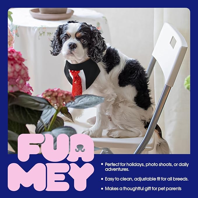 FUAMEY Dog Tie Bandanas,Formal Dogs Wedding Tuxedo Attire Puppy Collar with Ties Birthday Puppy Costume Adjustable Party Ball Tux,Doggies Valentines Cosplay for Small Medium Large Pet L